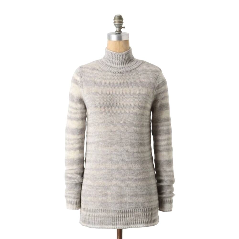 ANTHROPOLOGIE MOTH Striped Twin Shadow Turtleneck Grey White Wool Sweater Small